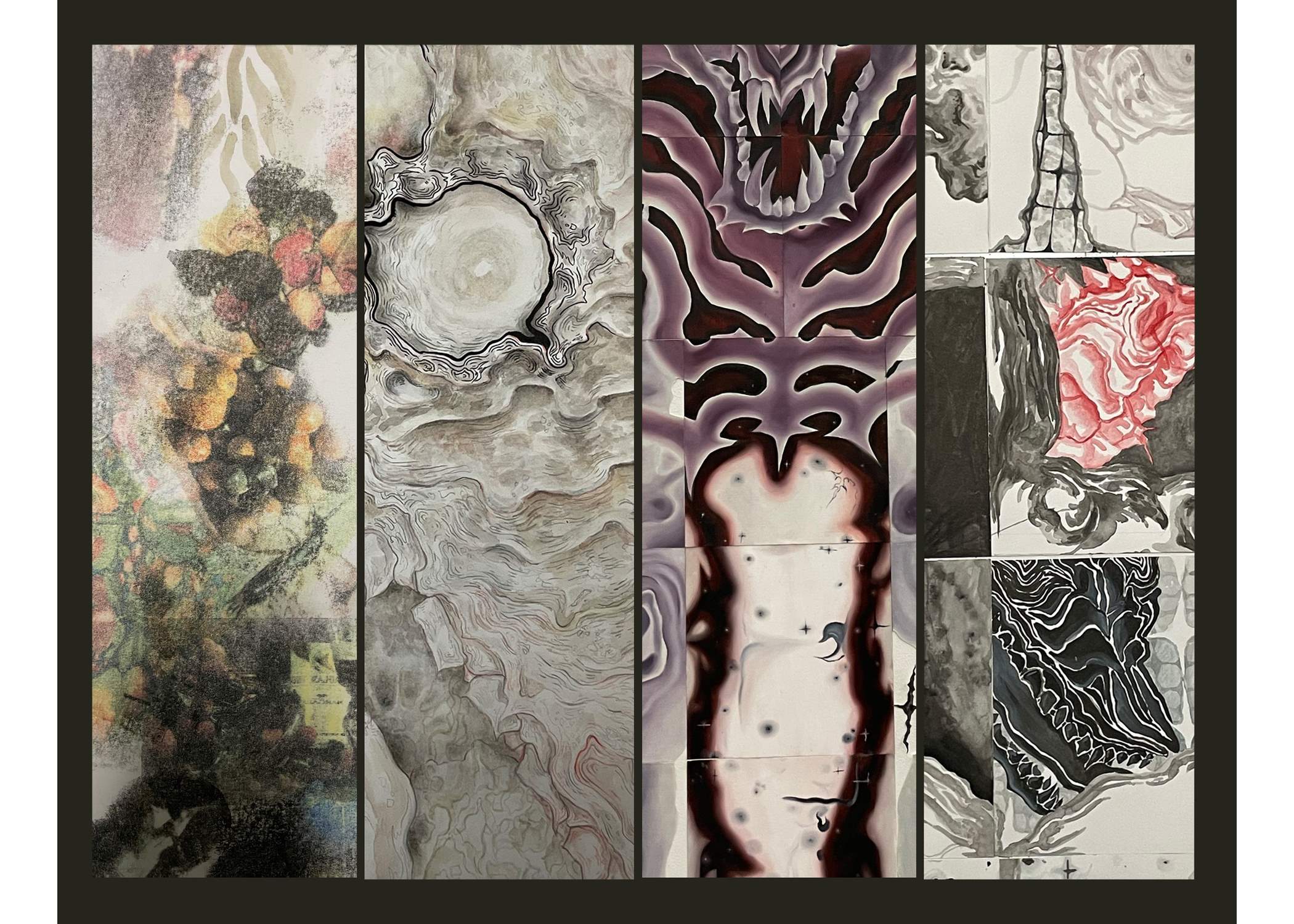 An image of multiple detail shots of the artist's work spliced together, used as promo for Beyond exhibition